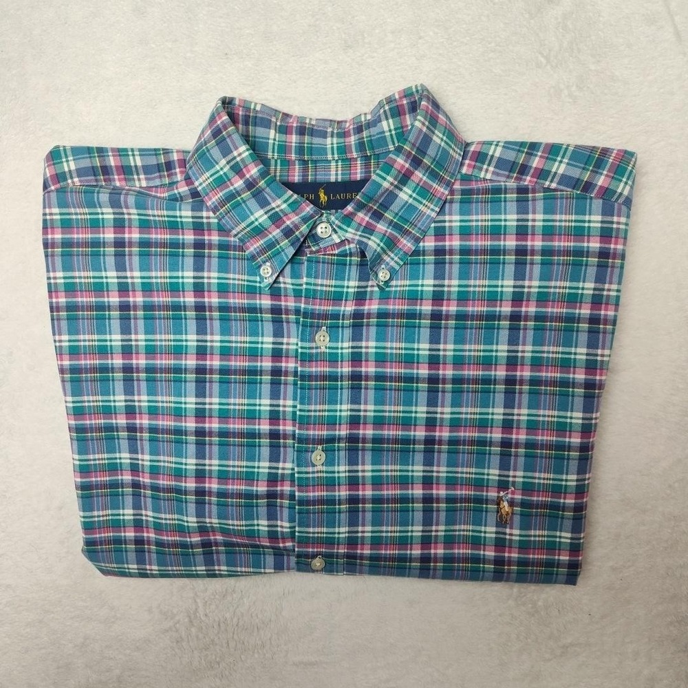 Ralph Lauren Shirt Men XLT Tall Blue Plaid Button-Down Classic Cotton Flesh Pony